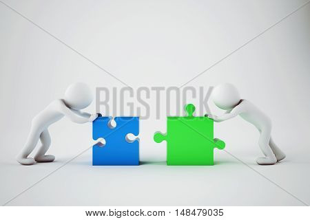 White businesspeople build a company with puzzle. Concept of parthership and teamwork. 3D rendering.