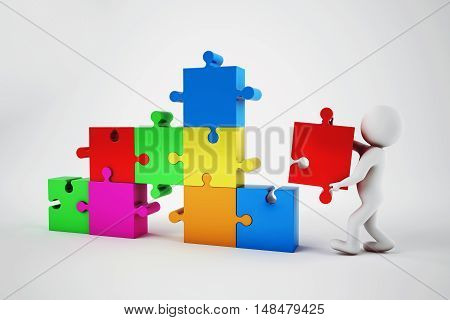 White man build a company with puzzle. Concept of parthership and teamwork. 3D rendering.