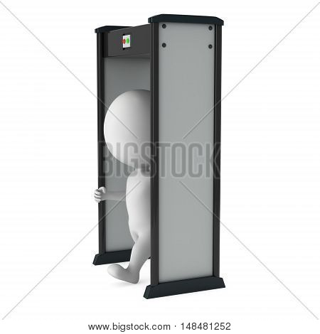 3D metal detector scanner and running man isolated on white background. Scanner entrance gate for prevent crime or terrorism in public place. Security concept.