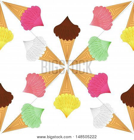 Cute bright seamless pattern with different ice-cream on the white (transparent) background. Chocolate n blue yellow orange and green colours. Vector illustration eps 10
