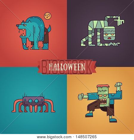 Halloween - modern vector line flat design characters icons set. Funny scary warewolf, mummy, spider, ghoul