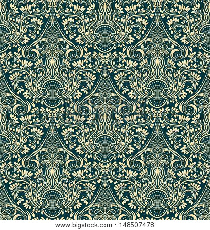 Damask seamless pattern repeating background. Ivory green floral ornament in baroque style.
