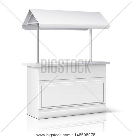 Market, store empty stand for trade information and business presentation vector illustration. Promotion counter, kiosk and promo stall