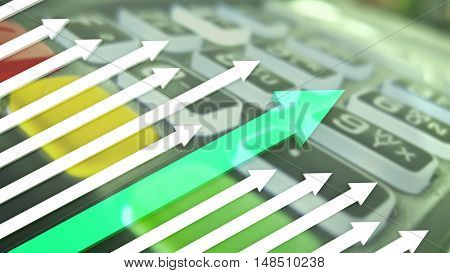 growth graph with a green arrow on the background of cashless payment terminal