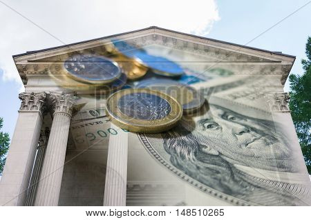 Currency dollar and euro against the background of an architectural building with columns