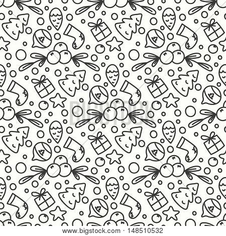 Hand Drawn Winter Season Seamless Pattern. Print with Christmas Tree and Presents. New Year Background. Line Art Style Illustration. Vector design. Cartoon Omelas.