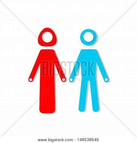 Abstract composition. Blue man red woman figures together. Family icon design. Connected people silhouettes model. Human relationship. Male female gender. Feeling love. Simple flat style. Vector art