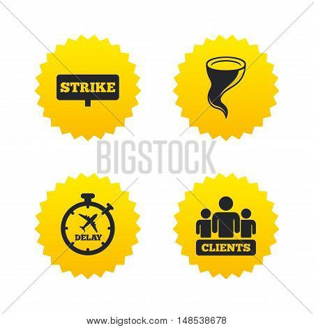 Strike icon. Storm bad weather and group of people signs. Delayed flight symbol. Yellow stars labels with flat icons. Vector