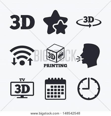 3d technology icons. Printer, rotation arrow sign symbols. Print cube. Wifi internet, favorite stars, calendar and clock. Talking head. Vector