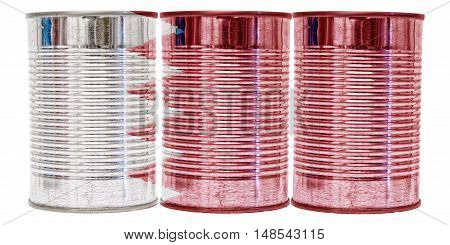 Three tin cans with the flag of Bahrain on them isolated on a white background.