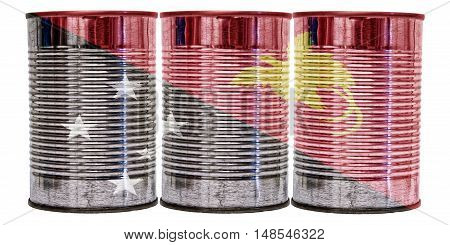 Three tin cans with the flag of Papua New Guinea on them isolated on a white background.