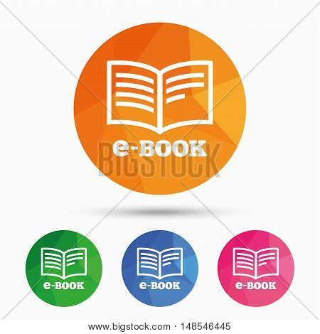 E-Book sign icon. Electronic book symbol. Ebook reader device. Triangular low poly button with flat icon. Vector