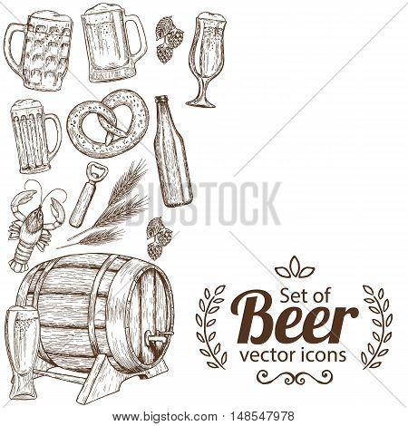 Side vertical border with sketch vintage beer icons. Template for packaging cards posters menu. Vector stock illustration.