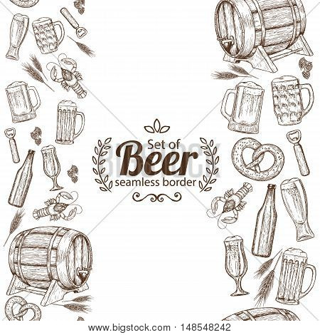 Vertical seamless borders of sketch vintage beer icons. Vector stock illustration.