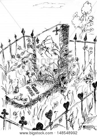 Grave of gamester. Game over. Hand drawn sketch with ink and pen on paper