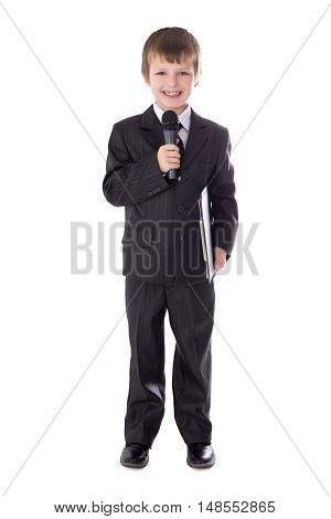 Cute Little Boy In Business Suit With Microphone Isolated On White