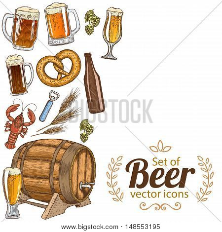 Side vertical border with colorful beer icons. Template for packaging cards posters menu. Vector stock illustration.