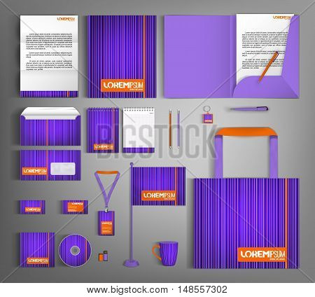 Striped corporate identity template design with orange element. Business set stationery.