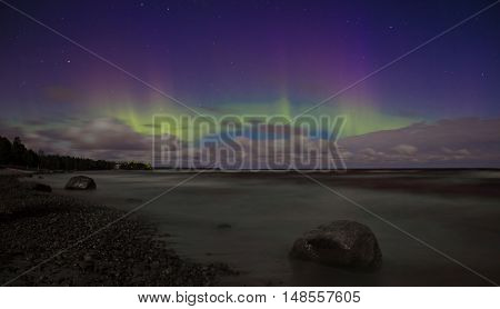 Northern Lights on Lake Ladoga, night sky over Ladoga, Leningrad, Russia
