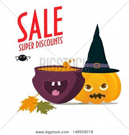 Halloween Sale Illustration. Pumpkin with witch hat on and happy witch pot. Typographic text 