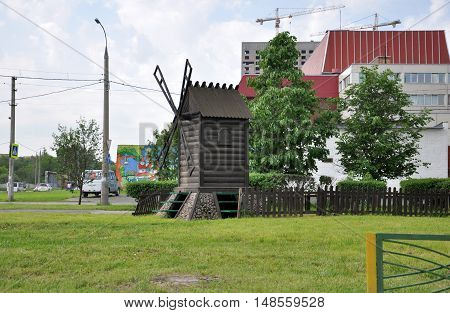 MOSCOW, RUSSIA - 05.29 2015 Decorative wooden mill in a Mitino