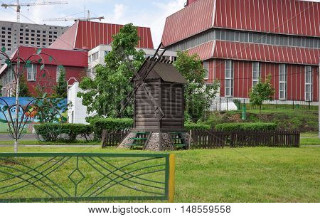 MOSCOW, RUSSIA - 05.29 2015 Decorative wooden mill in a Mitino