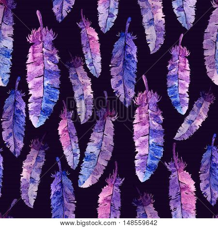Watercolor feathers seamless pattern. Colorful feathers with watercolor texture pattern. Violet background