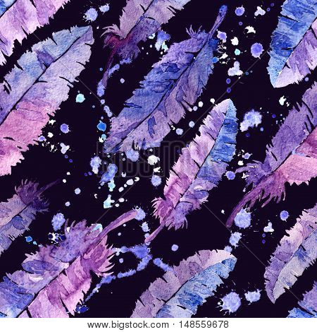 Watercolor feathers seamless pattern. Colorful feathers with watercolor texture pattern. Violet background