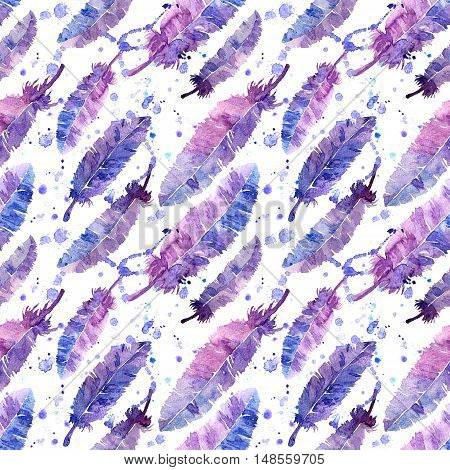 Watercolor feathers seamless pattern. Colorful. White background