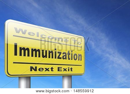 Immunization or flu vaccination needle, road sign billboard. 3D, illustration