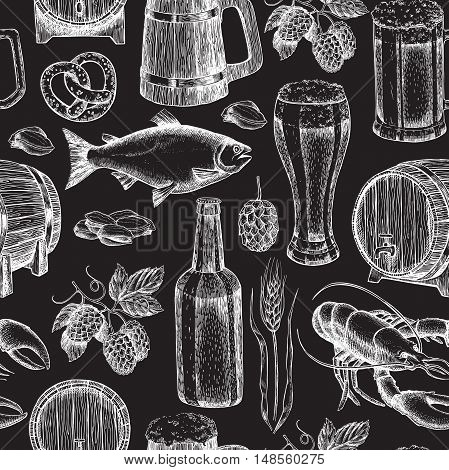 Beer vector seamless pattern. Alcohol beverage hand drawn background. Beer glass, mug, wooden mug, bottle, barrel, snack, hop, wheat, fish, crayfish. Great for bar, pub, menu, oktoberfest