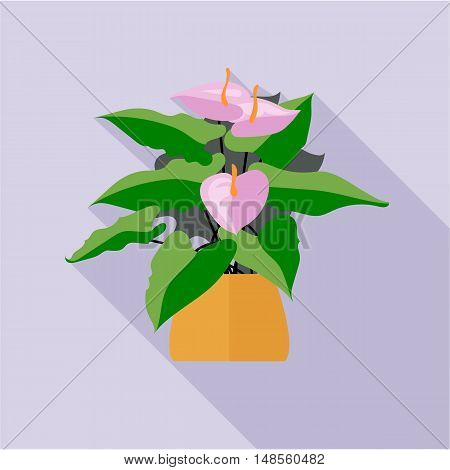 Digital vector green decorative orchid flower blooming with brown pot, flat style