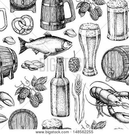 Beer vector seamless pattern. Alcohol beverage hand drawn background. Beer glass, mug, wooden mug, bottle, barrel, snack, hop, wheat, fish, crayfish. Great for bar, pub, menu, oktoberfest
