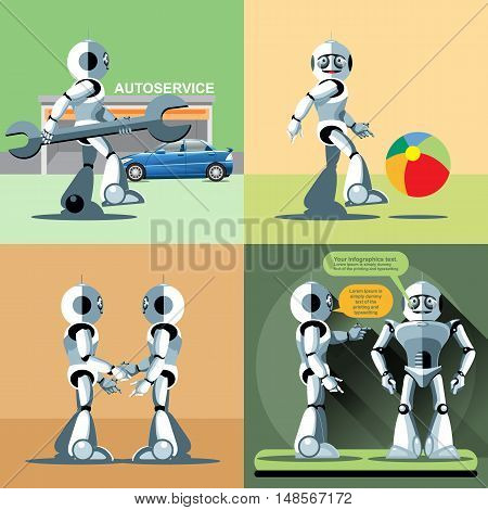 Digital vector silver happy robot set at autoservice, playing with ball, shaking hand and talking to another robot, flat style