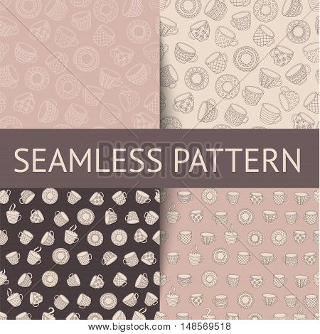 Set of seamless patterns and textures with doodle cups can be used for background, banners, menus, flyers, advertising, web design, textiles.