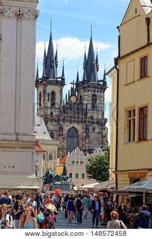 PRAGUE, CZECH REPUBLIC - JULY 3, 2014: Church of our Lady before Tyn - Tyn Church in the Old town square. The church's name originates from the Tyn Courtyard behind the church.