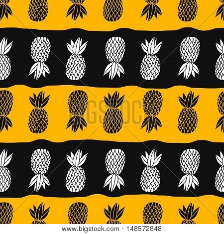 Pineapples on the white background. Vector seamless pattern with tropical fruit.