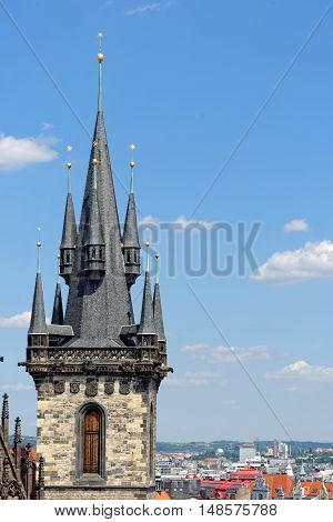 One of the towers of Church of our Lady before Tyn - Tyn Church in the Old town square. The name of the church originates from the Tyn Courtyard behind the church.