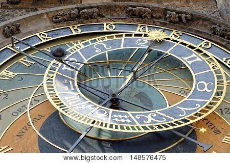 Detail of the Prague Astronomical Clock (Orloj) in the Old Town of Prague Czech Republic.