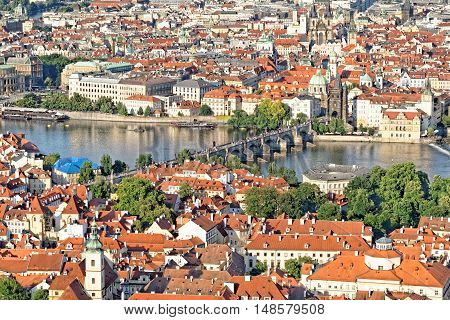 Aerial view of Charles Bridge Prague Old Town and part of the Lesser town district from the Petrin Hill Czech Republic.