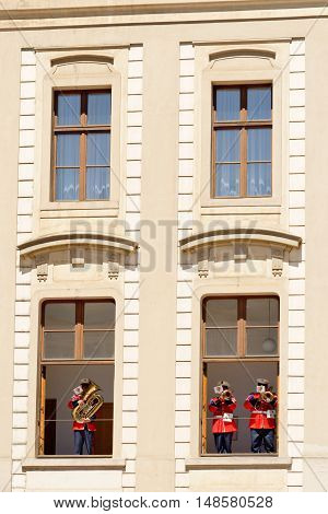 PRAGUE CZECH REPUBLIC - JULY 4 2014: Castle guards (Hradni straz) of presidential palace during ceremonial changing of guards. It takes place daily at noon accompanied by a brass band.