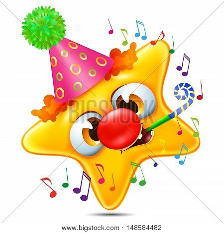Cartoon star emotion congratulated on his birthday with party whistle