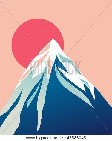 Mountain with red Sun. Blue mountain with snowy peak. Color cartoon illustration. Vector.