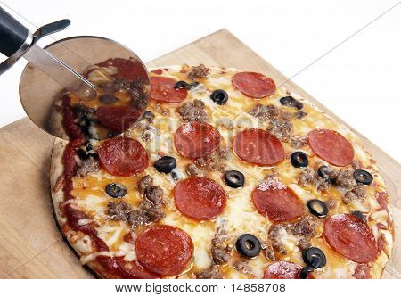 Home Backed on Wood Board Cutter Slicing Meat Pizza