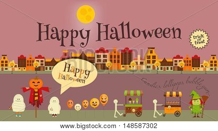 Halloween in Town - Greeting Card - October Party Symbols. Set of Trick or Treat Objects. Invitation Card for Party. Vector Illustration.