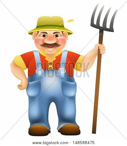 farmer with a pitchfork in blue overalls and a hat