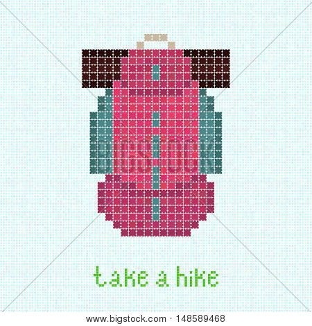 Take a Hike! Pixel art postcard with pink backpack. Trekking rucksack and sleeping pad. Trendy packsack. Outdoor Equipment. Bright colored travel bag.