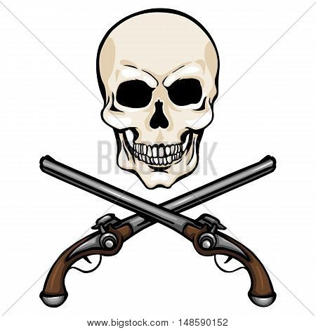 Vector Single Cartoon Skull With Cross Pistols
