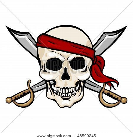 Vector Cartoon Pirate Skull In Red Headband With Cross Swords