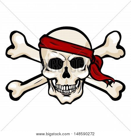 Vector Cartoon Pirate Skull In Red Headband With Cross Bones